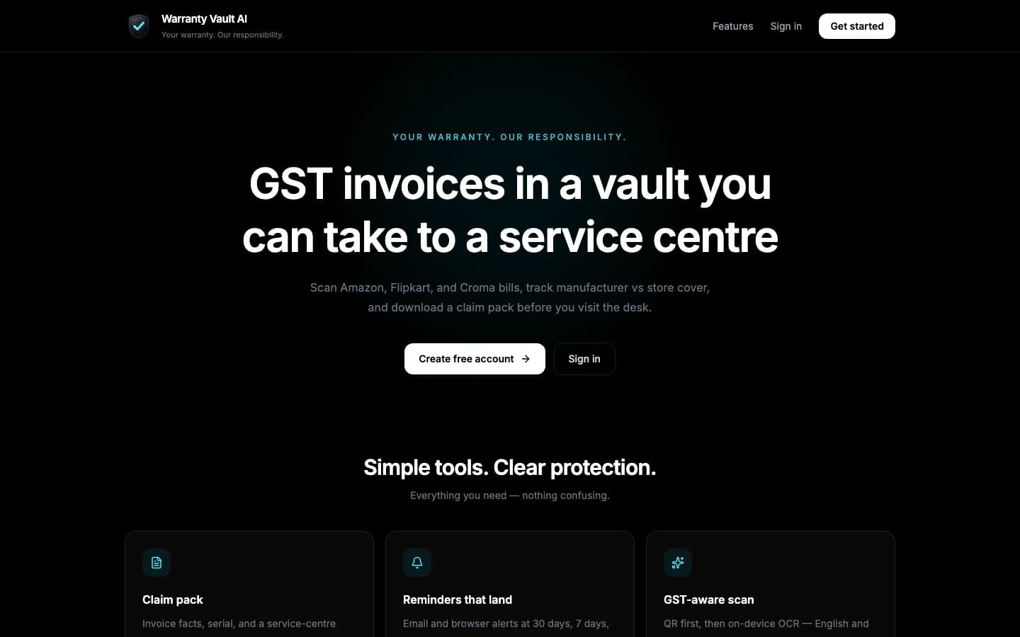 Warranty Vault AI landing page hero with sign-up calls to action.